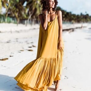 Wanderlust Low Back Cobra Dress With Ruffle Bottom In Mustard Gold